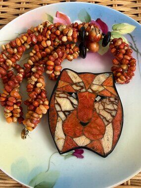 Vintage 80s Lee Sands Inlaid Sponge Coral Tiger Beaded Statement Necklace